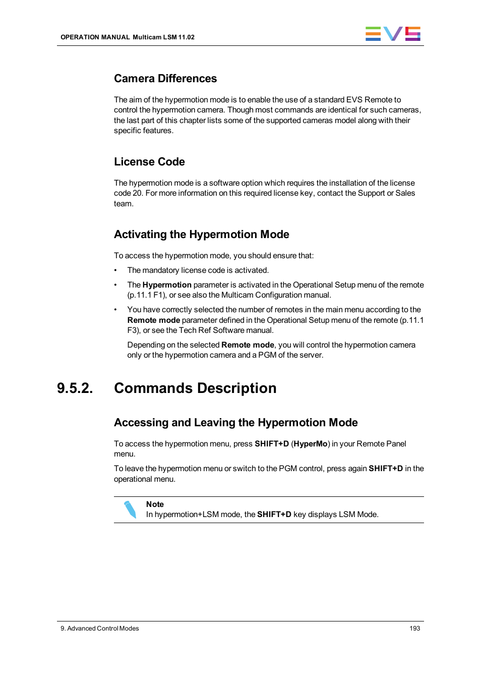 Commands description, Camera differences, License code | Activating the hypermotion mode, Accessing and leaving the hypermotion mode | EVS XT3 MulticamLSM Version 11.02 - July 2013 Operation Manual User Manual | Page 203 / 221