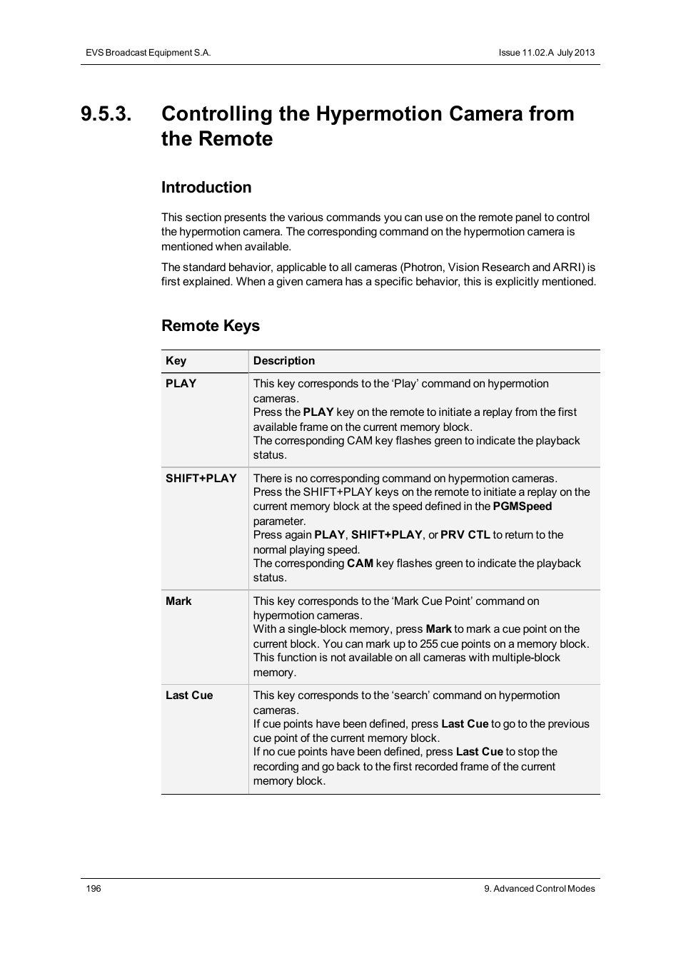 Controlling the hypermotion camera from the remote, Introduction, Remote keys | EVS XT3 MulticamLSM Version 11.02 - July 2013 Operation Manual User Manual | Page 206 / 221