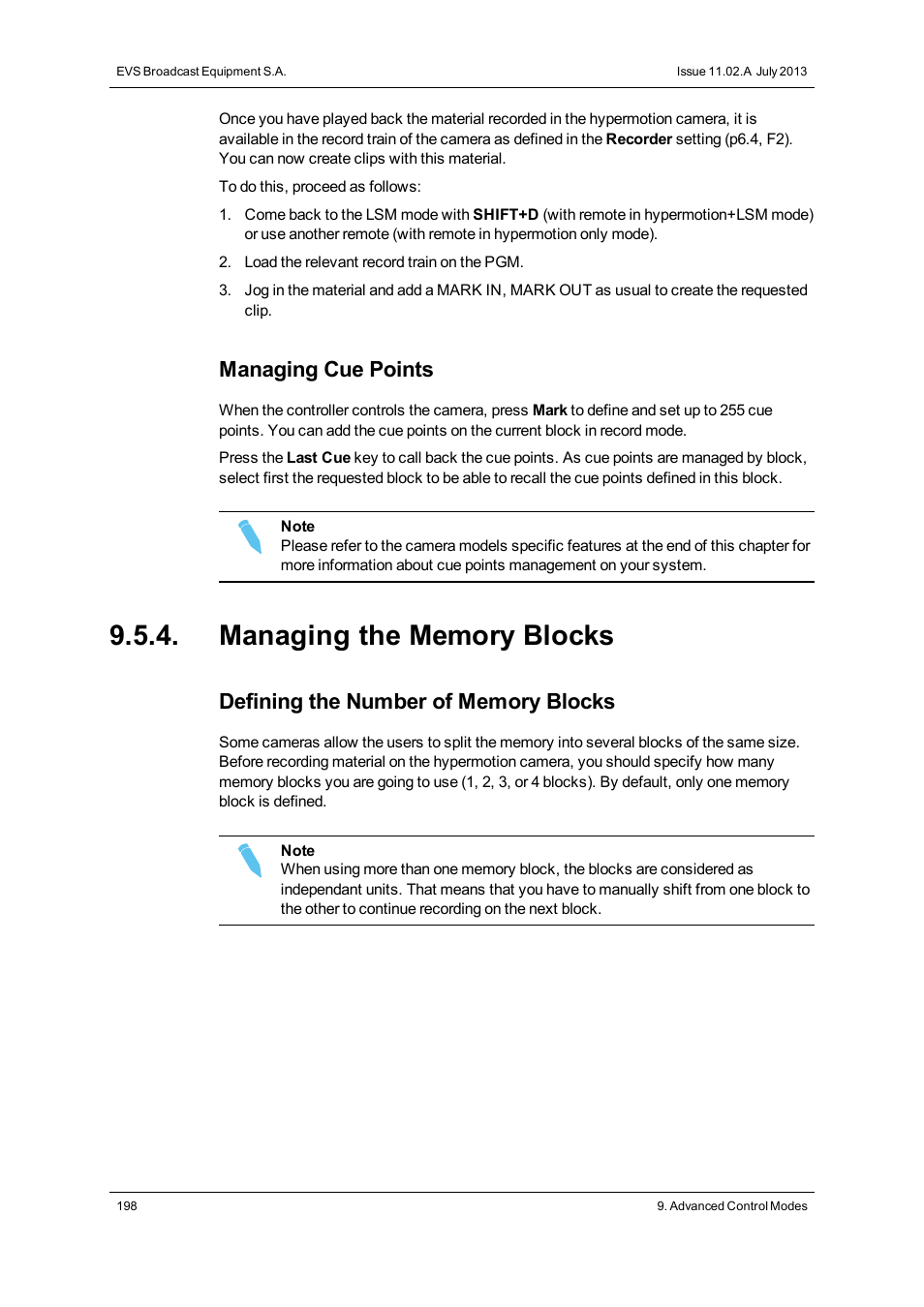 Managing the memory blocks, Managing cue points | EVS XT3 MulticamLSM Version 11.02 - July 2013 Operation Manual User Manual | Page 208 / 221