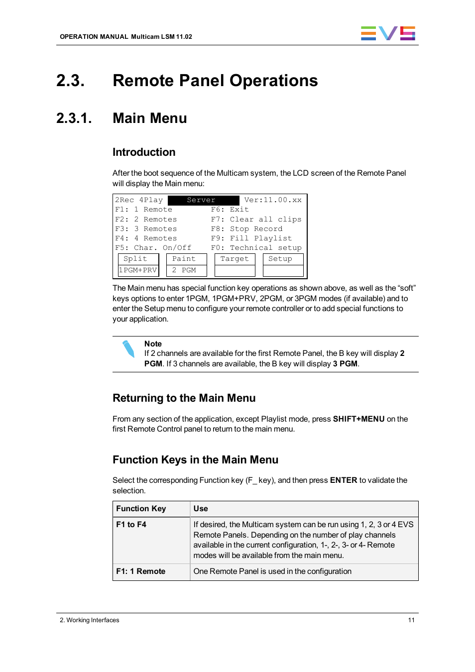 Remote panel operations, Main menu, Introduction | Returning to the main menu, Function keys in the main menu | EVS XT3 MulticamLSM Version 11.02 - July 2013 Operation Manual User Manual | Page 21 / 221