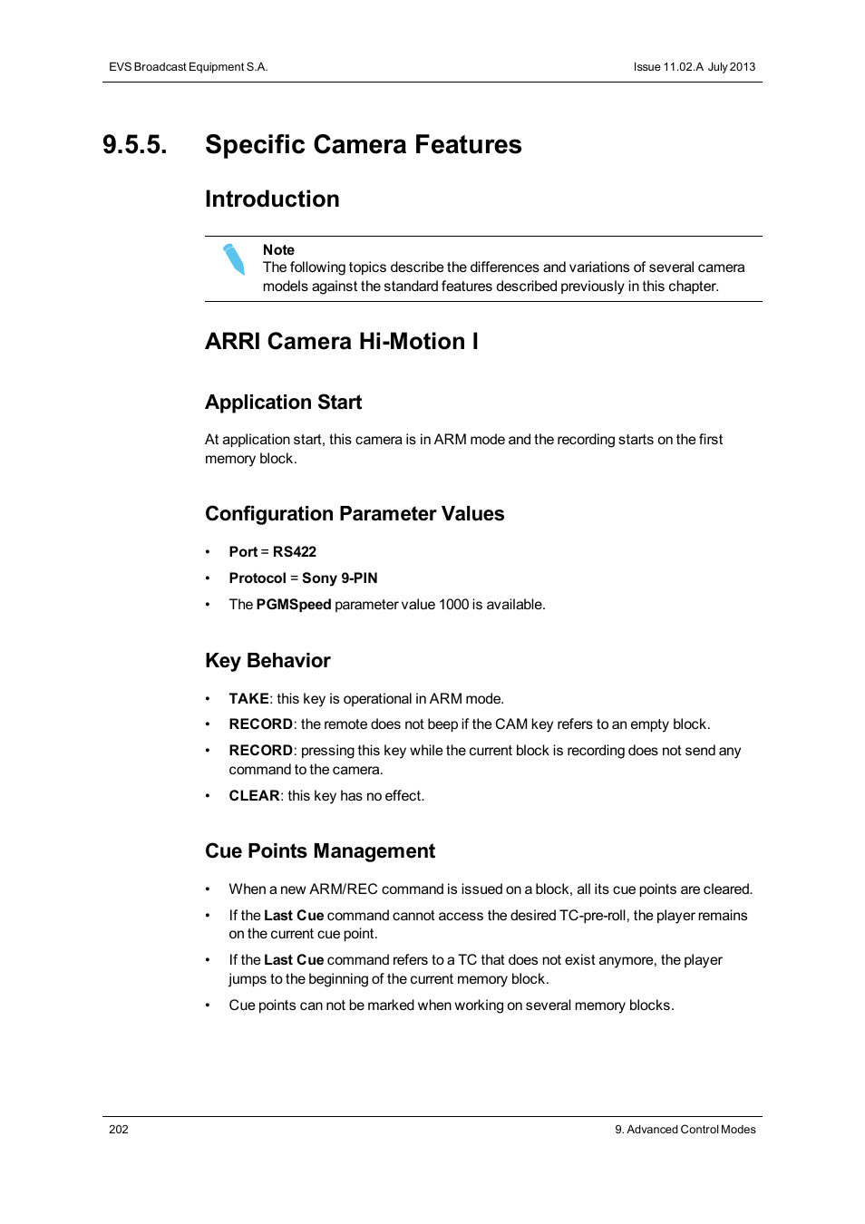 Specific camera features, Introduction, Arri camera hi-motion i | Application start, Configuration parameter values, Key behavior, Cue points management | EVS XT3 MulticamLSM Version 11.02 - July 2013 Operation Manual User Manual | Page 212 / 221
