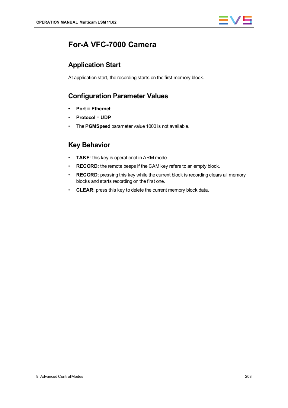 For-a vfc-7000 camera, Application start, Configuration parameter values | Key behavior | EVS XT3 MulticamLSM Version 11.02 - July 2013 Operation Manual User Manual | Page 213 / 221