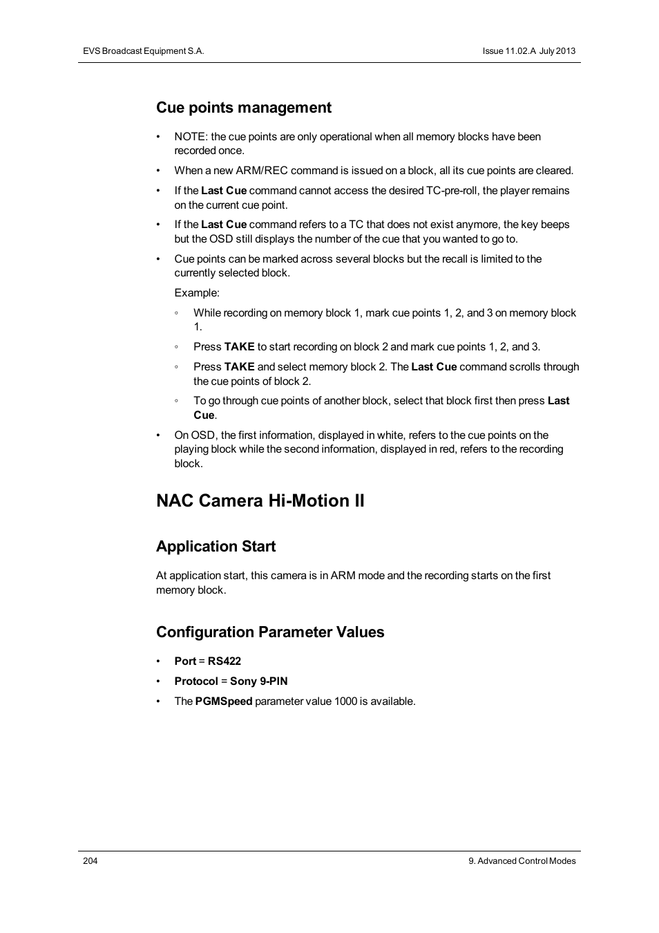 Nac camera hi-motion ii, Cue points management, Application start | Configuration parameter values | EVS XT3 MulticamLSM Version 11.02 - July 2013 Operation Manual User Manual | Page 214 / 221