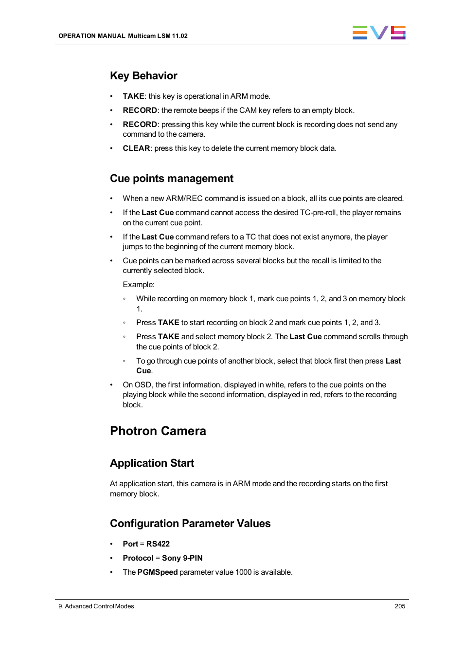 Photron camera, Key behavior, Cue points management | Application start, Configuration parameter values | EVS XT3 MulticamLSM Version 11.02 - July 2013 Operation Manual User Manual | Page 215 / 221