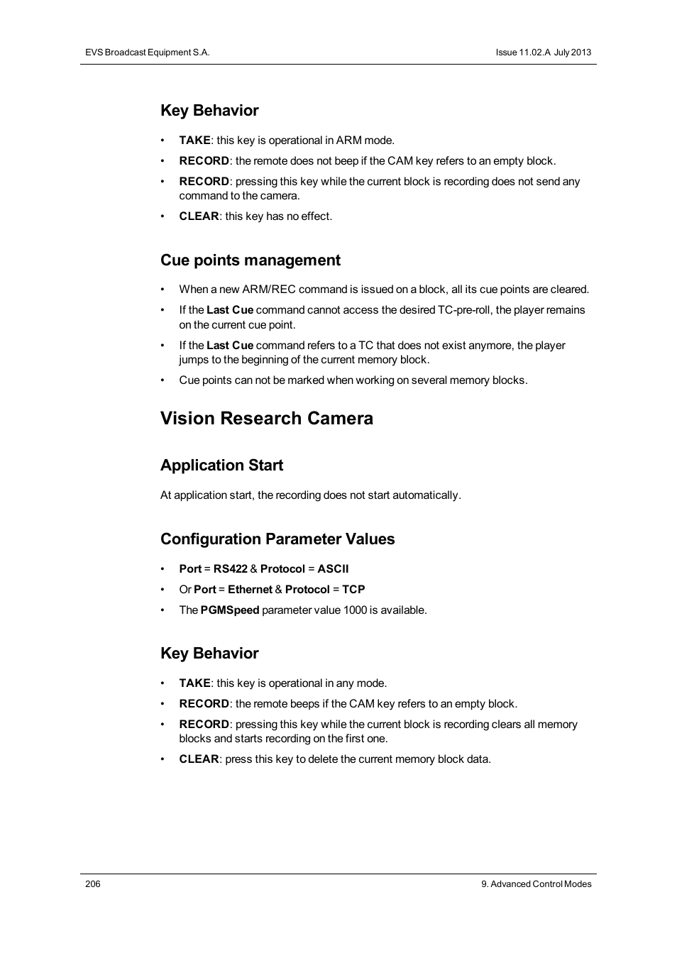 Vision research camera, Key behavior, Cue points management | Application start, Configuration parameter values | EVS XT3 MulticamLSM Version 11.02 - July 2013 Operation Manual User Manual | Page 216 / 221