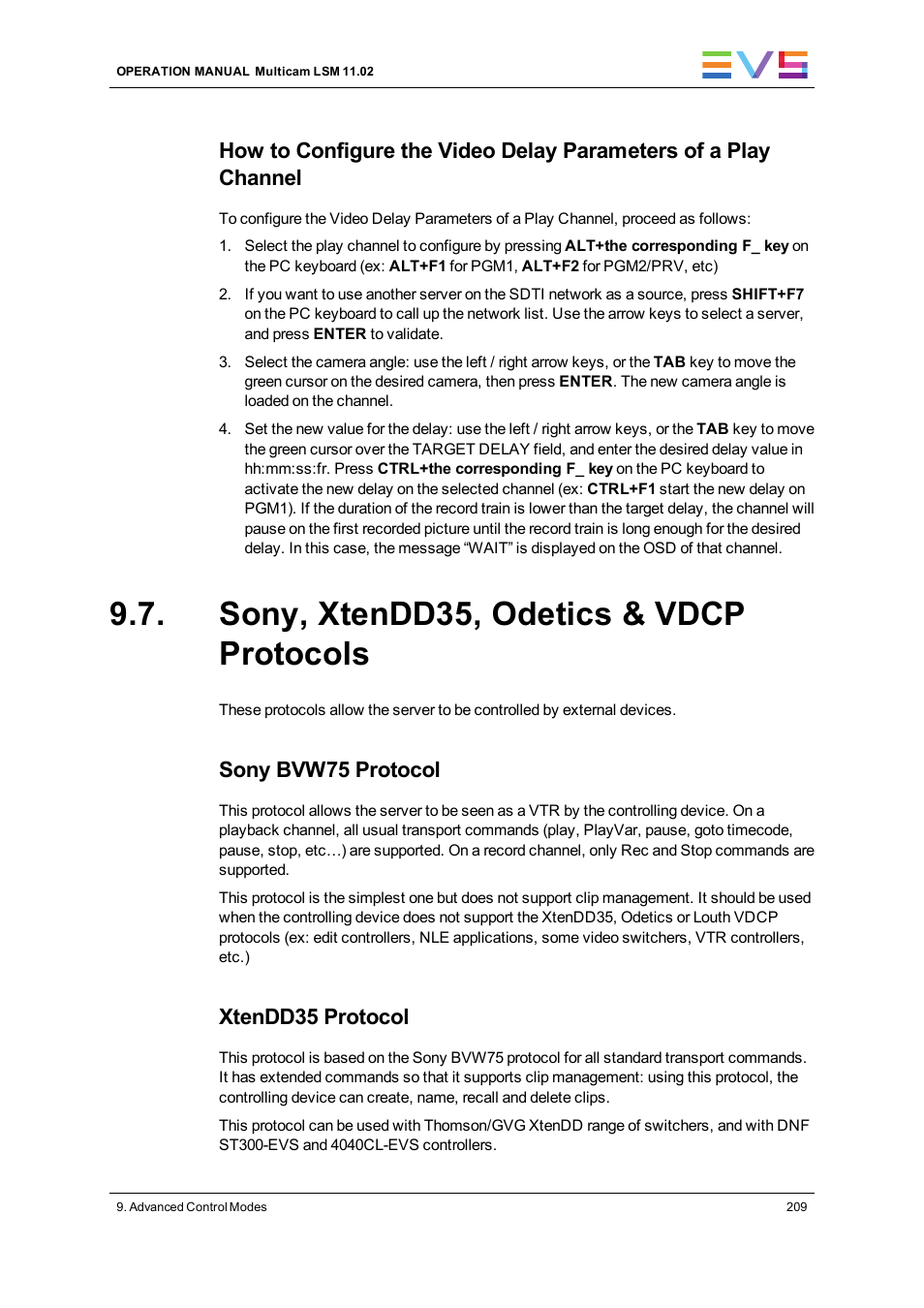 Sony, xtendd35, odetics & vdcp protocols, Sony bvw75 protocol, Xtendd35 protocol | EVS XT3 MulticamLSM Version 11.02 - July 2013 Operation Manual User Manual | Page 219 / 221