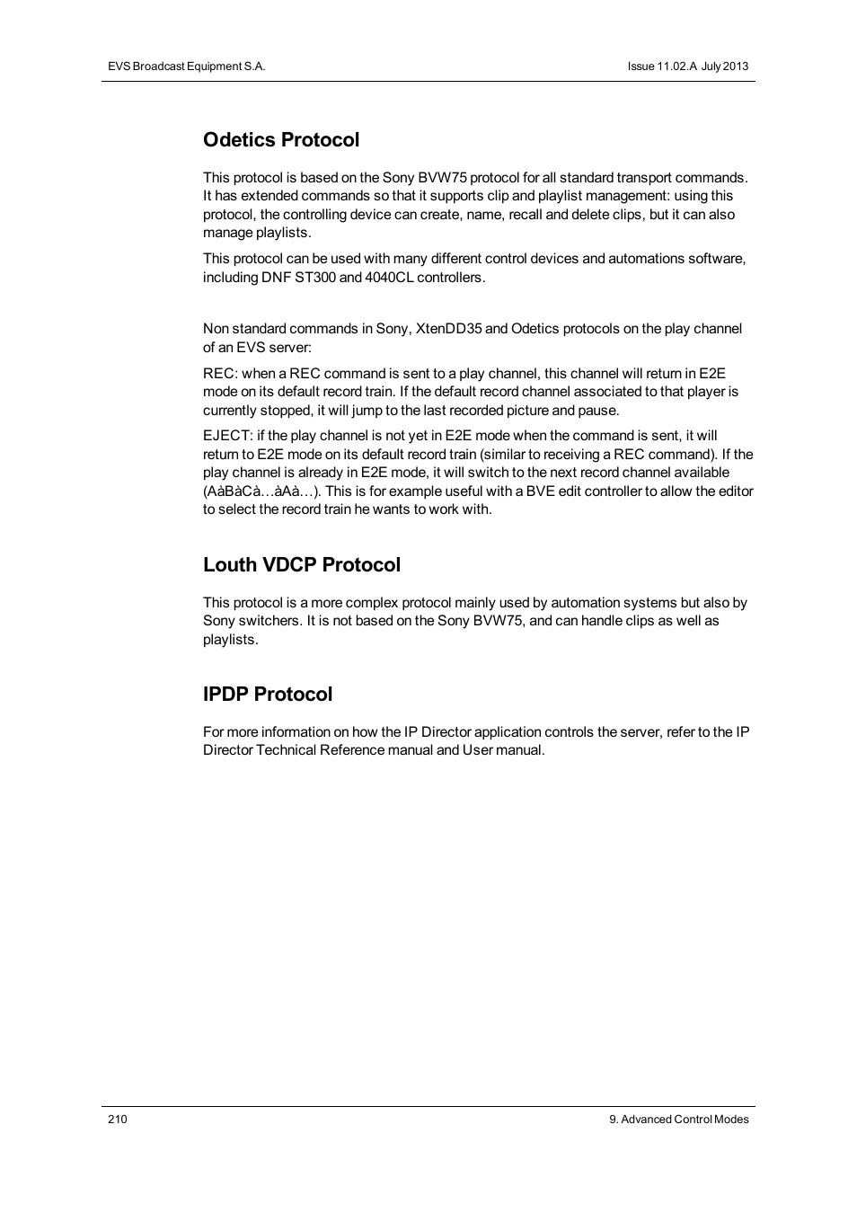 Odetics protocol, Louth vdcp protocol, Ipdp protocol | EVS XT3 MulticamLSM Version 11.02 - July 2013 Operation Manual User Manual | Page 220 / 221