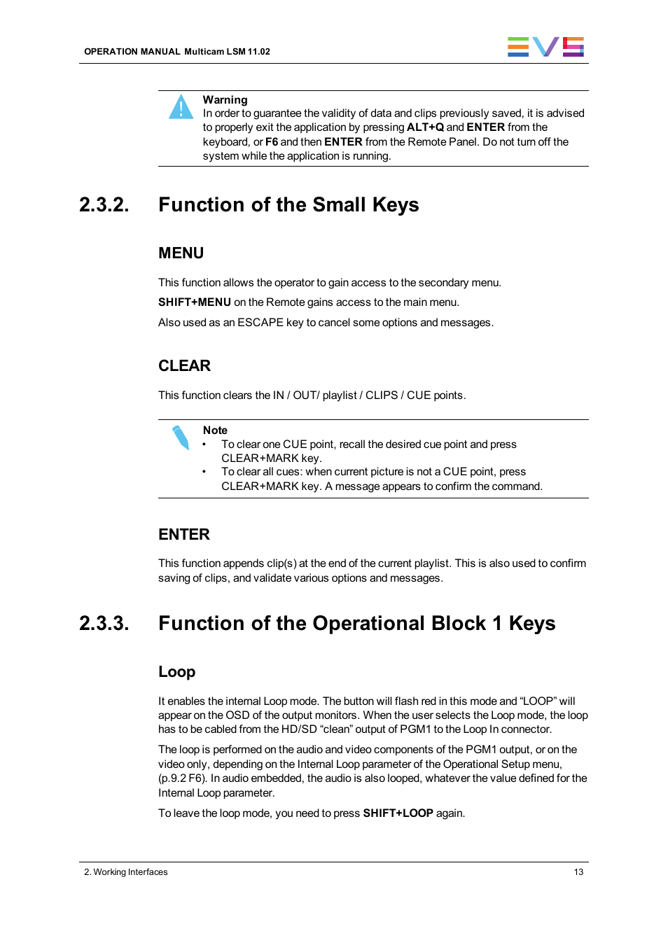 Function of the small keys, Function of the operational block 1 keys, Menu | Clear, Enter, Loop | EVS XT3 MulticamLSM Version 11.02 - July 2013 Operation Manual User Manual | Page 23 / 221