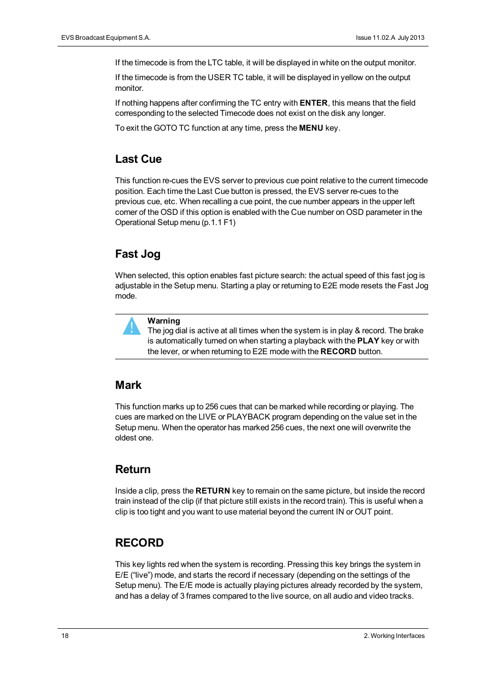 Last cue, Fast jog, Mark | Return, Record | EVS XT3 MulticamLSM Version 11.02 - July 2013 Operation Manual User Manual | Page 28 / 221