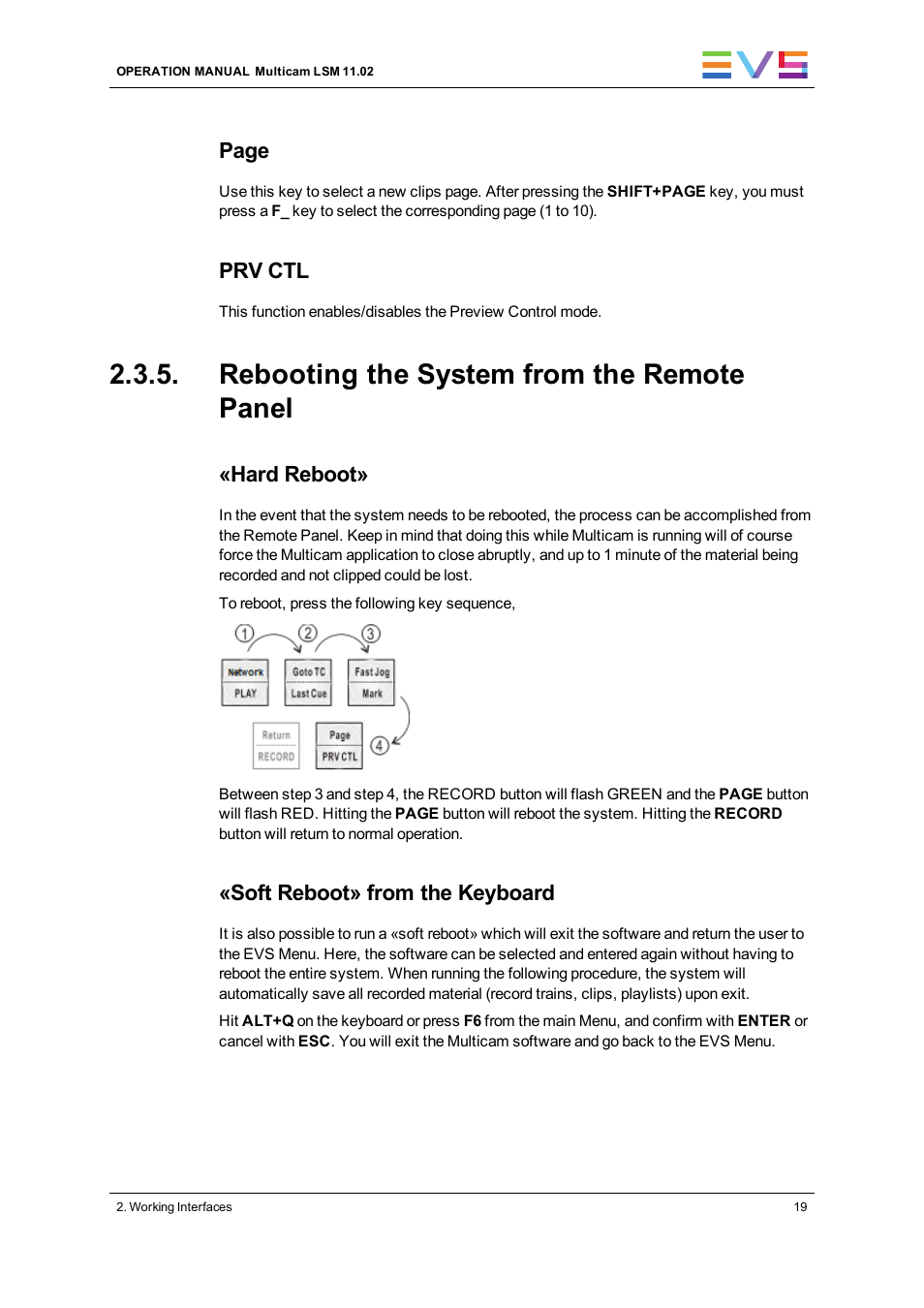 Rebooting the system from the remote panel, Page, Prv ctl | Hard reboot, Soft reboot» from the keyboard | EVS XT3 MulticamLSM Version 11.02 - July 2013 Operation Manual User Manual | Page 29 / 221