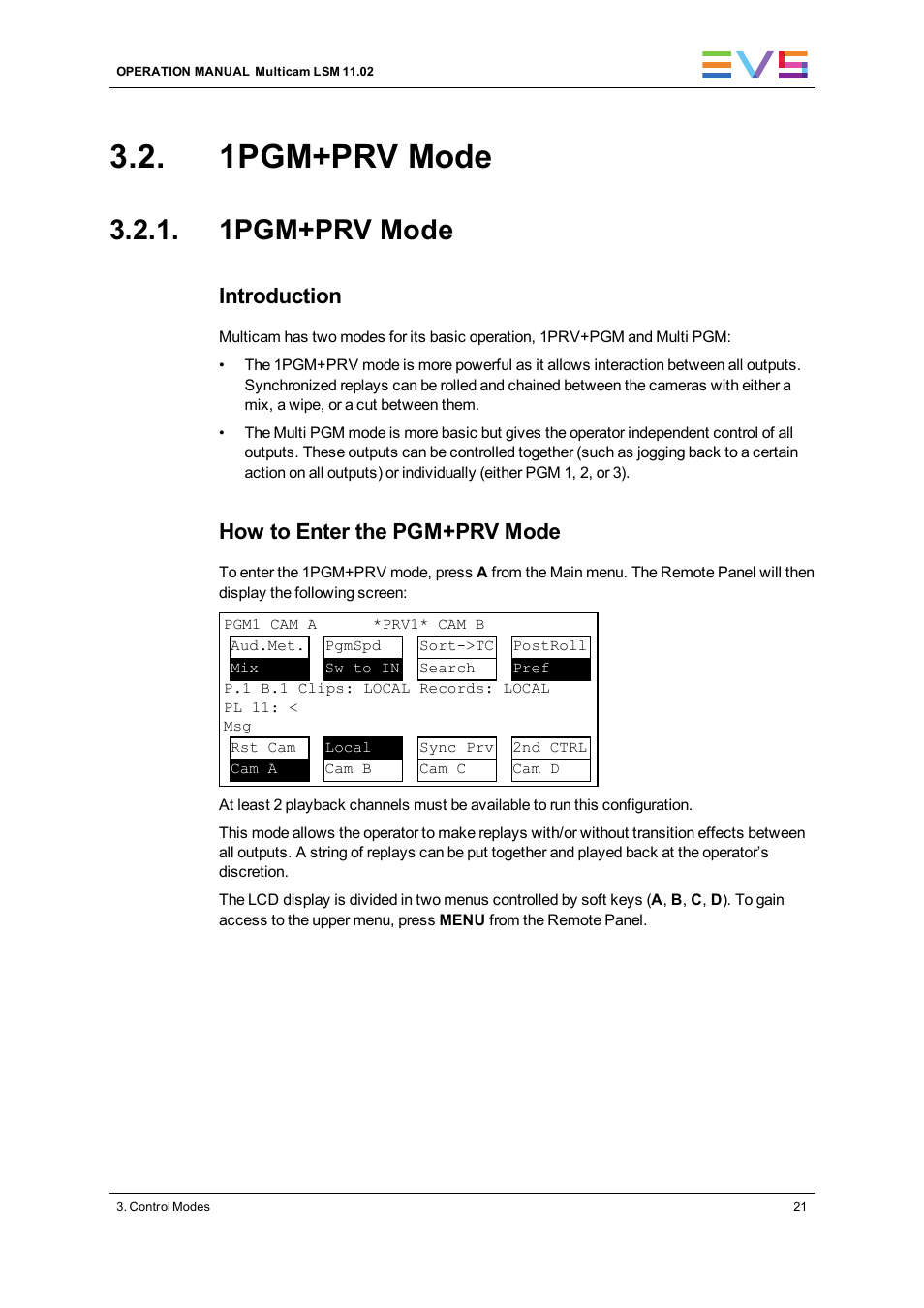 1pgm+prv mode, Introduction, How to enter the pgm+prv mode | EVS XT3 MulticamLSM Version 11.02 - July 2013 Operation Manual User Manual | Page 31 / 221