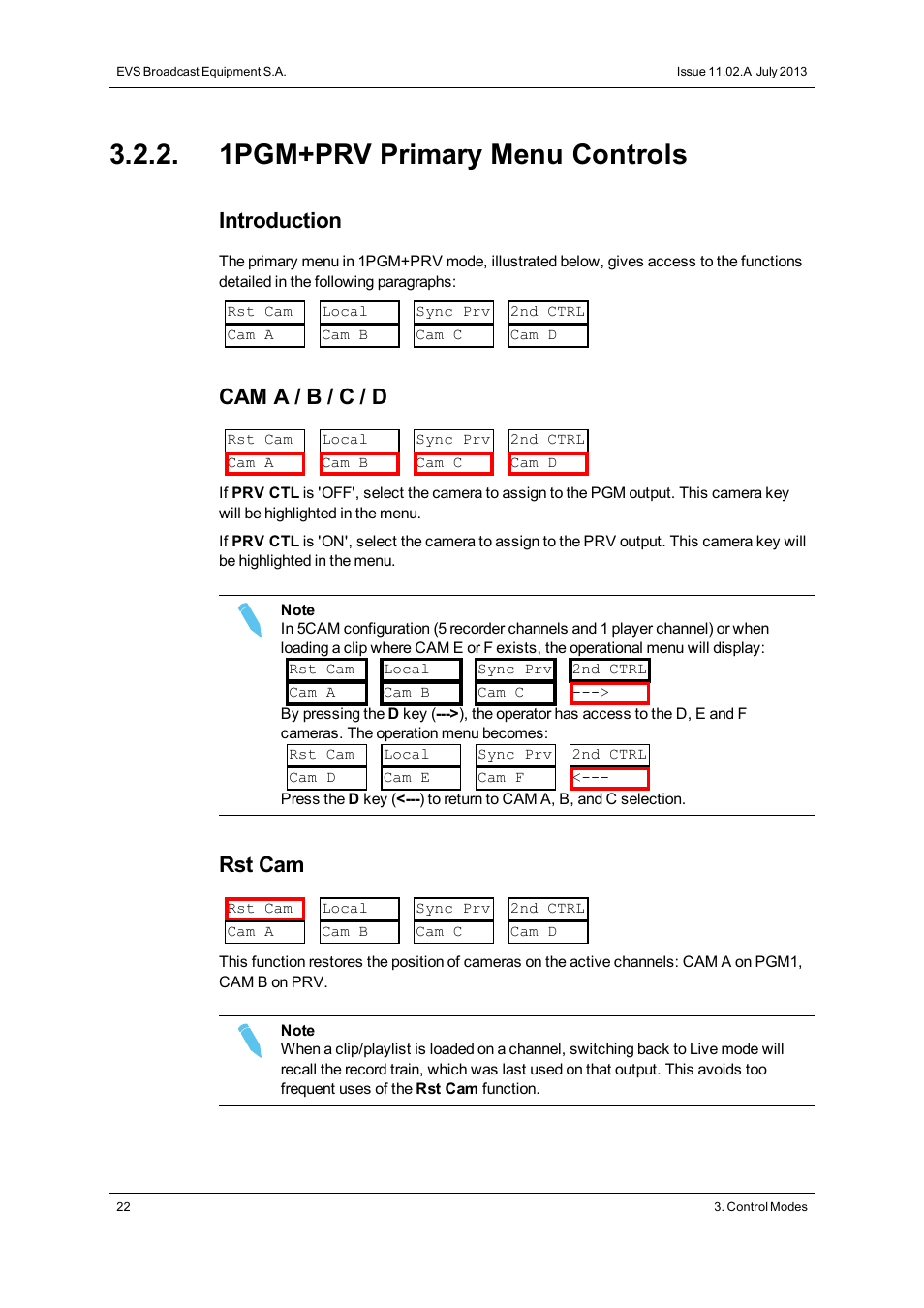 1pgm+prv primary menu controls, Introduction, Cam a / b / c / d | Rst cam | EVS XT3 MulticamLSM Version 11.02 - July 2013 Operation Manual User Manual | Page 32 / 221