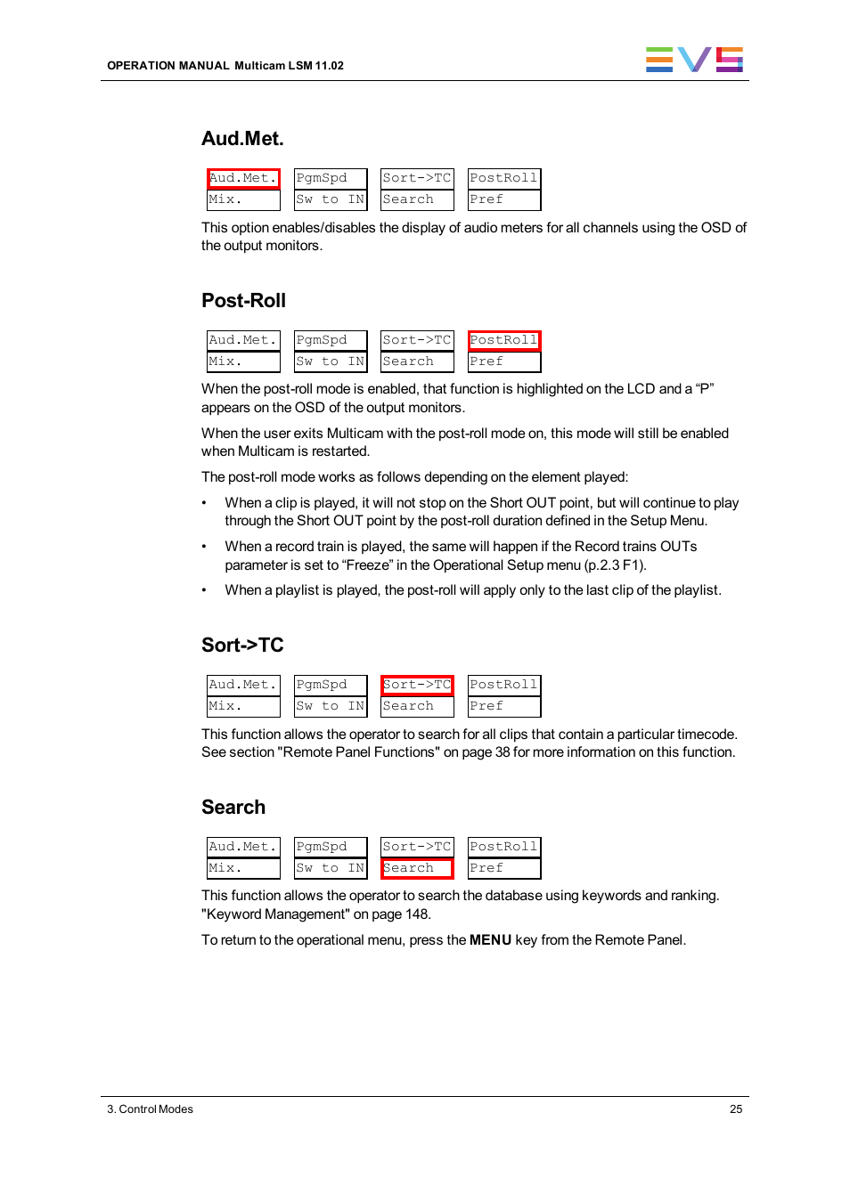 Aud.met, Post-roll, Sort->tc | Search | EVS XT3 MulticamLSM Version 11.02 - July 2013 Operation Manual User Manual | Page 35 / 221