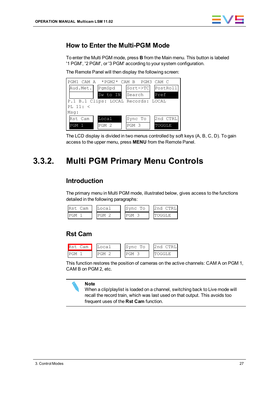 Multi pgm primary menu controls, How to enter the multi-pgm mode, Introduction | Rst cam | EVS XT3 MulticamLSM Version 11.02 - July 2013 Operation Manual User Manual | Page 37 / 221