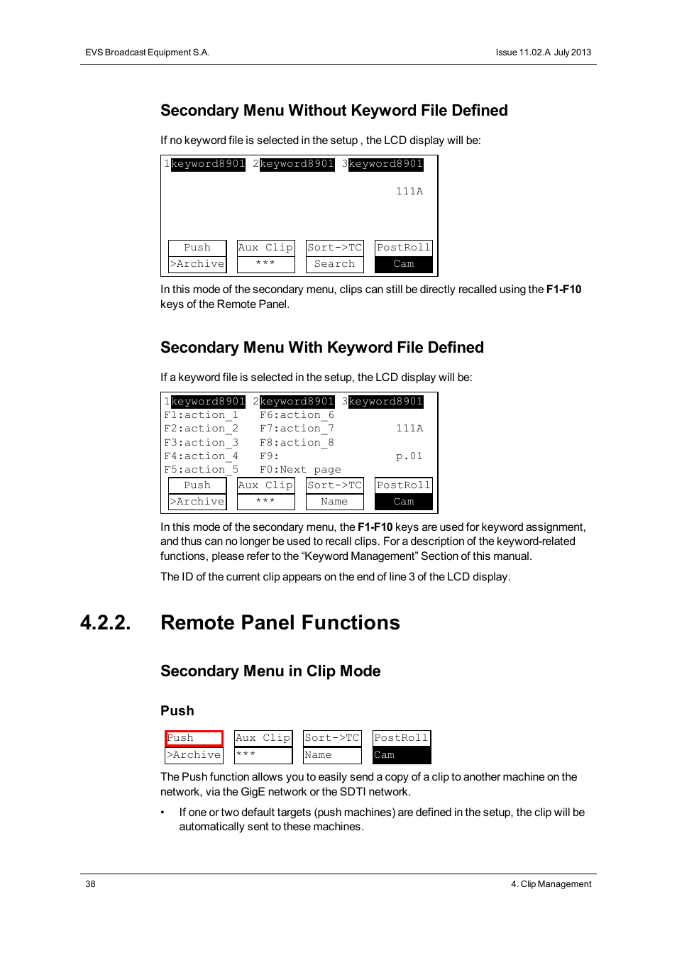 Remote panel functions, Secondary menu without keyword file defined, Secondary menu with keyword file defined | Secondary menu in clip mode | EVS XT3 MulticamLSM Version 11.02 - July 2013 Operation Manual User Manual | Page 48 / 221