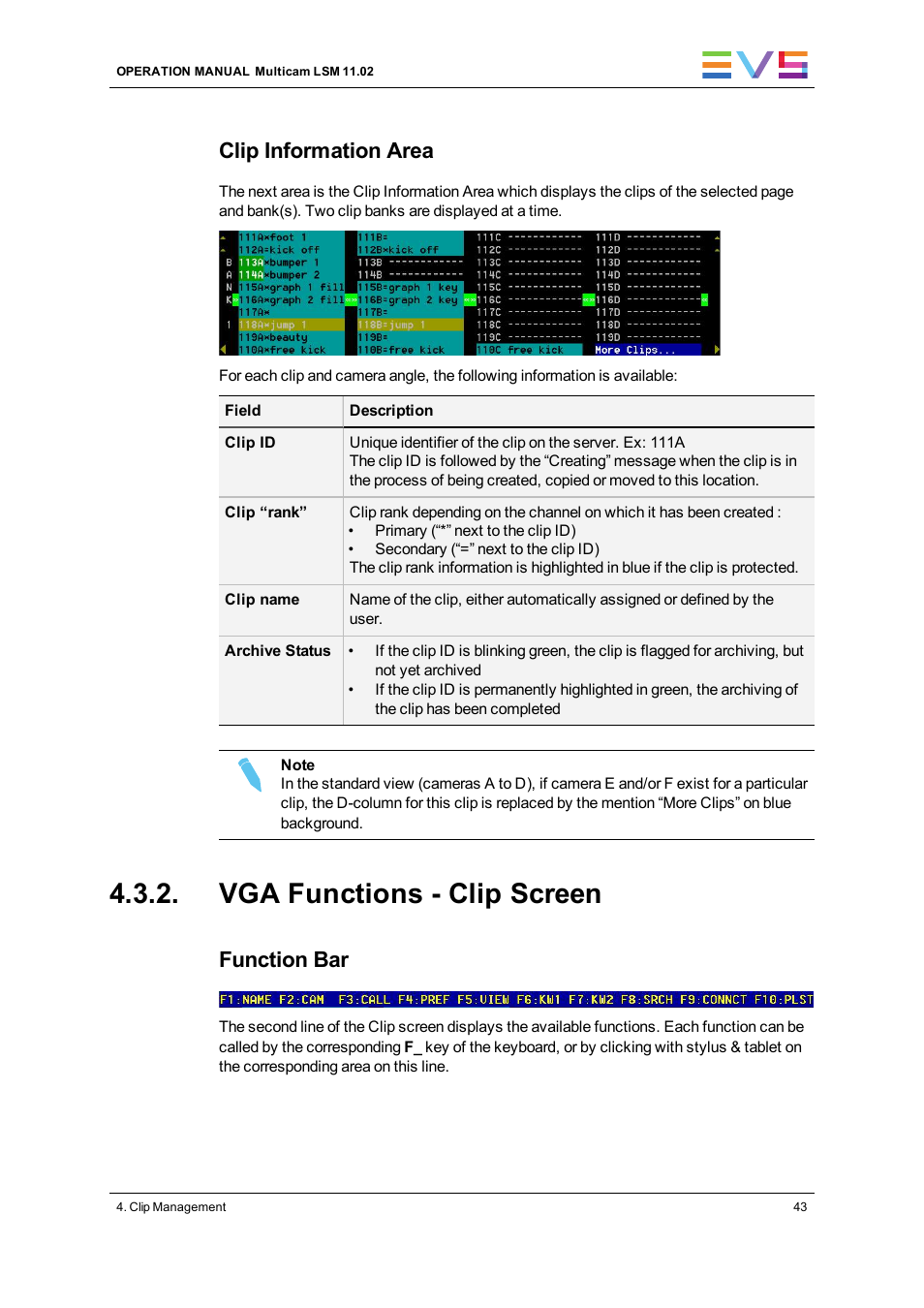 Vga functions - clip screen, Clip information area, Function bar | EVS XT3 MulticamLSM Version 11.02 - July 2013 Operation Manual User Manual | Page 53 / 221