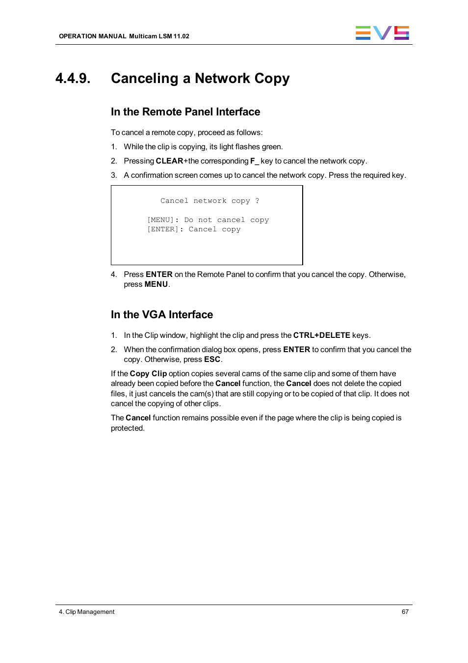 Canceling a network copy | EVS XT3 MulticamLSM Version 11.02 - July 2013 Operation Manual User Manual | Page 77 / 221