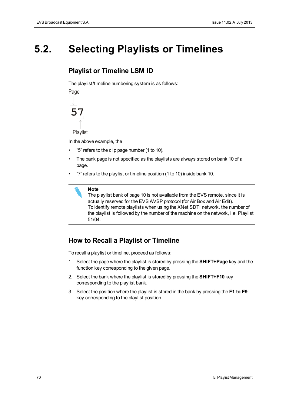 Selecting playlists or timelines, Playlist or timeline lsm id, How to recall a playlist or timeline | EVS XT3 MulticamLSM Version 11.02 - July 2013 Operation Manual User Manual | Page 80 / 221