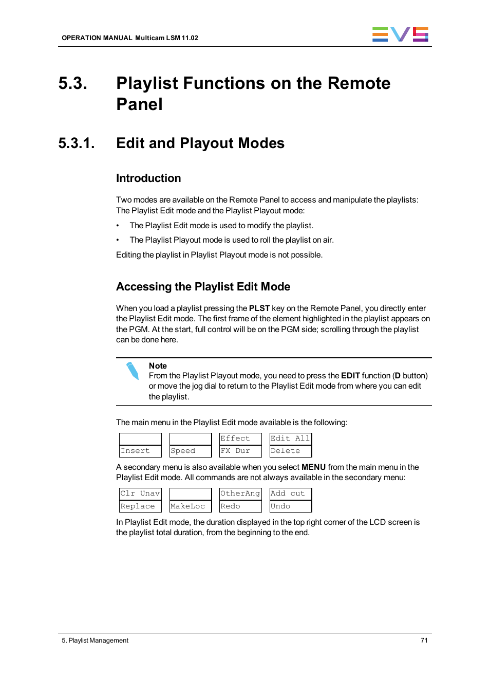 Playlist functions on the remote panel, Edit and playout modes, Introduction | Accessing the playlist edit mode | EVS XT3 MulticamLSM Version 11.02 - July 2013 Operation Manual User Manual | Page 81 / 221