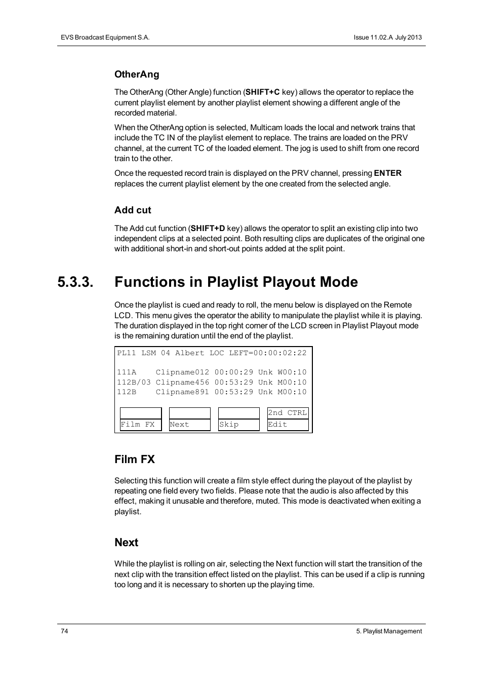 Functions in playlist playout mode, Film fx, Next | EVS XT3 MulticamLSM Version 11.02 - July 2013 Operation Manual User Manual | Page 84 / 221