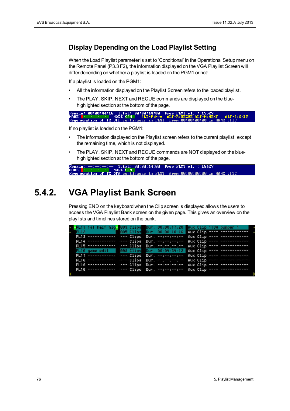 Vga playlist bank screen, Display depending on the load playlist setting | EVS XT3 MulticamLSM Version 11.02 - July 2013 Operation Manual User Manual | Page 86 / 221