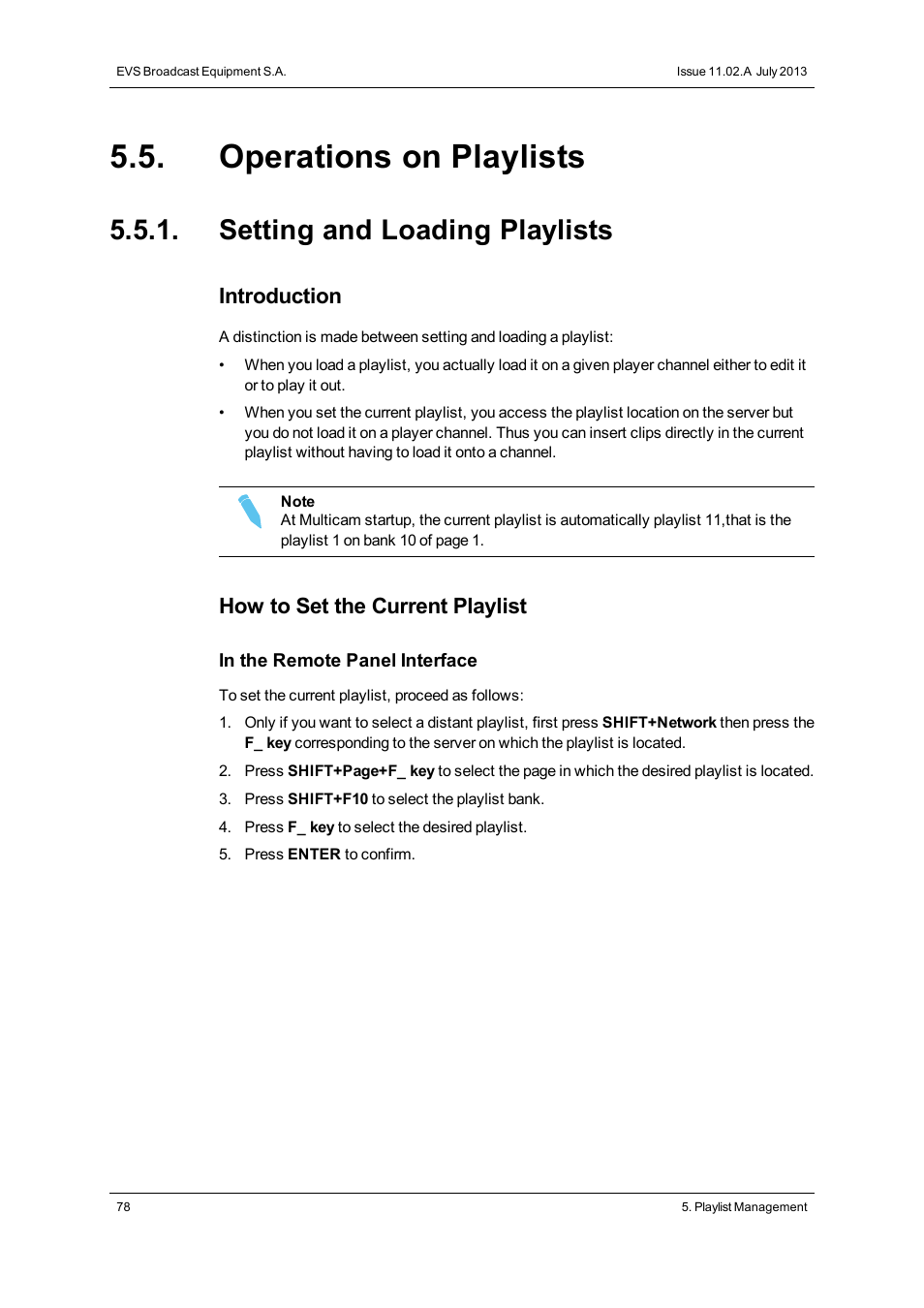 Operations on playlists, Setting and loading playlists, Introduction | How to set the current playlist | EVS XT3 MulticamLSM Version 11.02 - July 2013 Operation Manual User Manual | Page 88 / 221