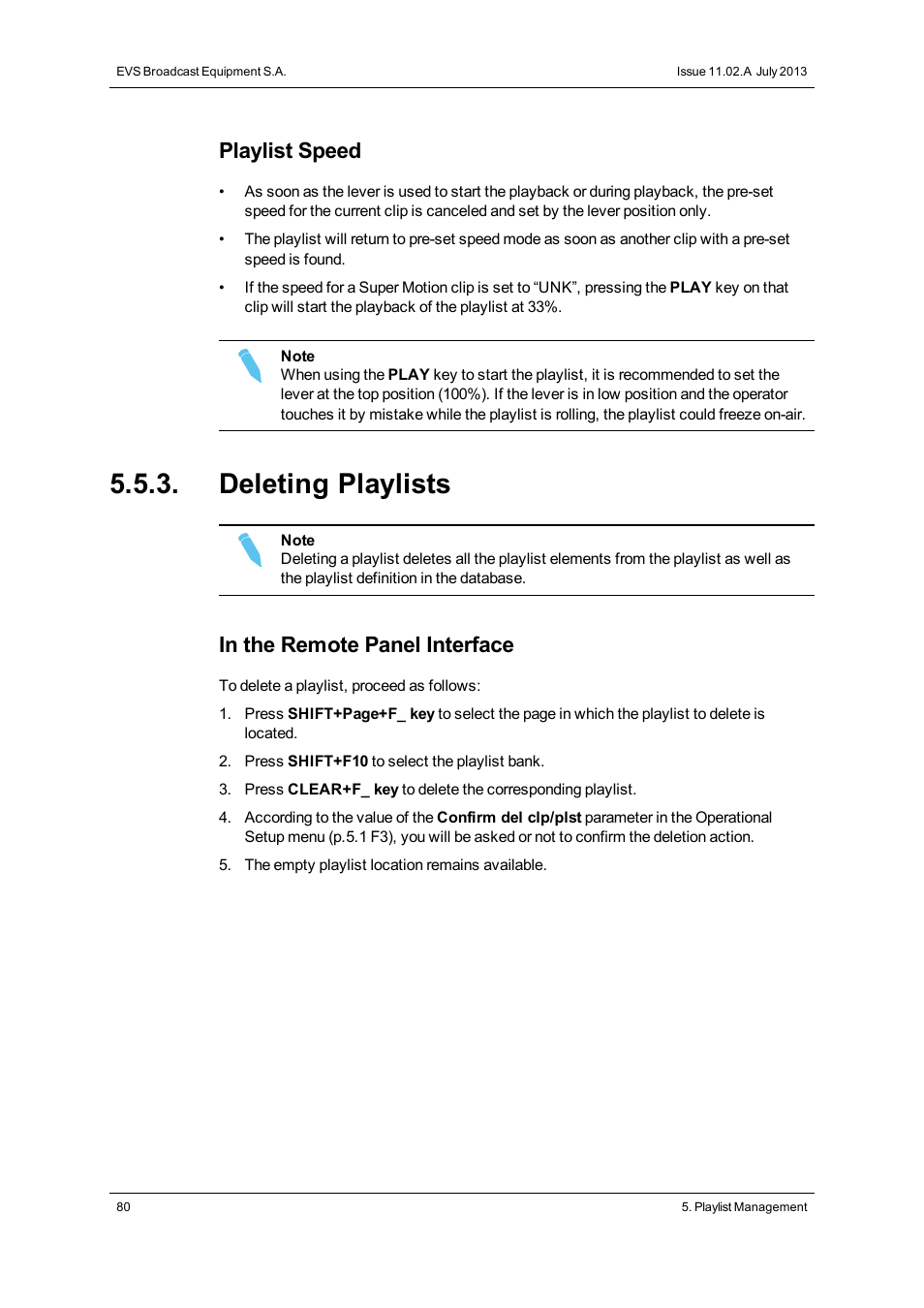 Deleting playlists, Playlist speed | EVS XT3 MulticamLSM Version 11.02 - July 2013 Operation Manual User Manual | Page 90 / 221