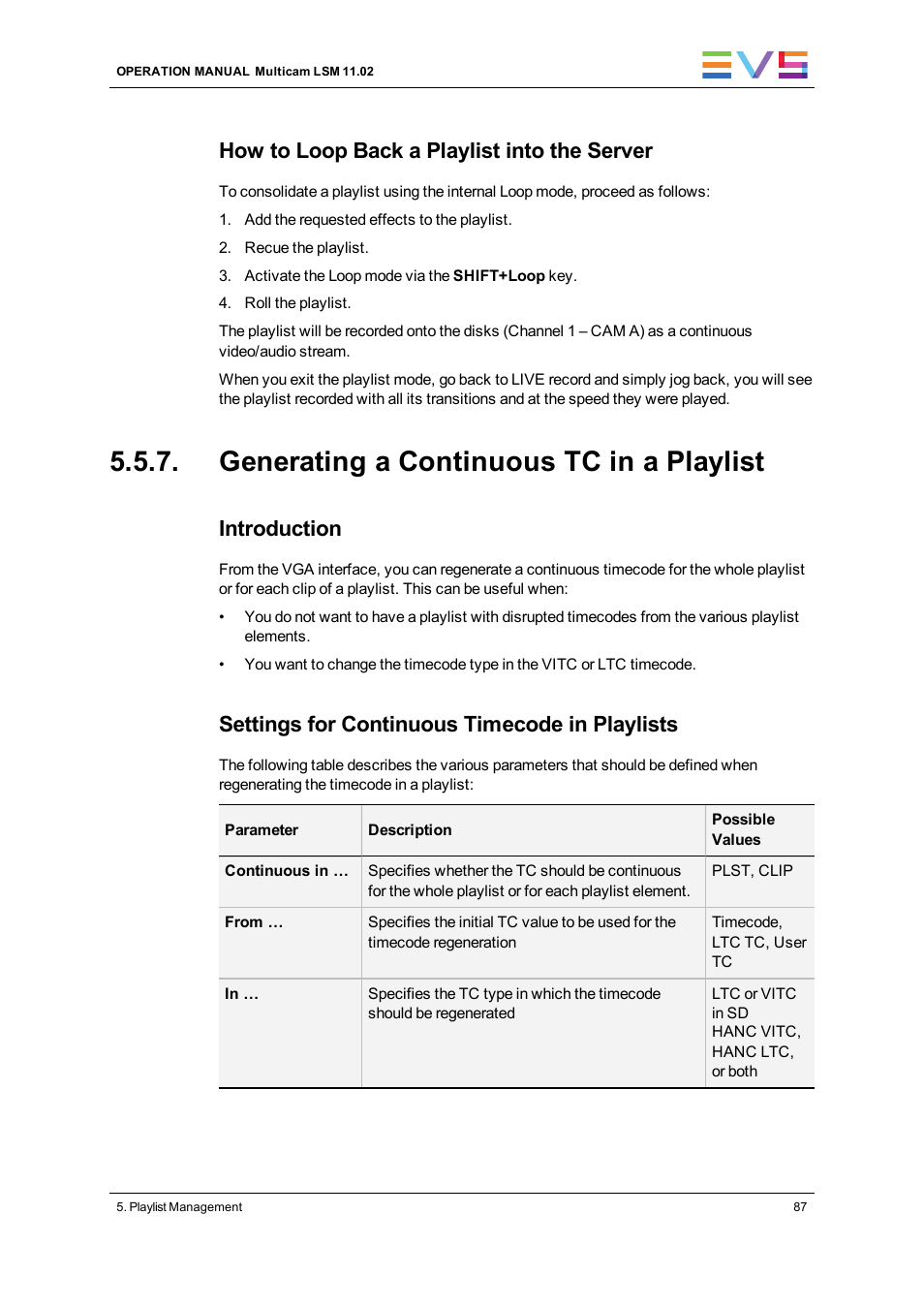 Generating a continuous tc in a playlist, How to loop back a playlist into the server, Introduction | Settings for continuous timecode in playlists | EVS XT3 MulticamLSM Version 11.02 - July 2013 Operation Manual User Manual | Page 97 / 221