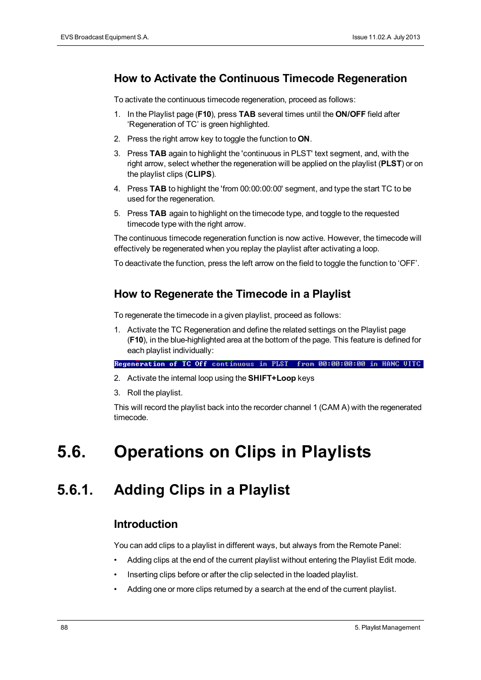 Operations on clips in playlists, Adding clips in a playlist, How to regenerate the timecode in a playlist | Introduction | EVS XT3 MulticamLSM Version 11.02 - July 2013 Operation Manual User Manual | Page 98 / 221