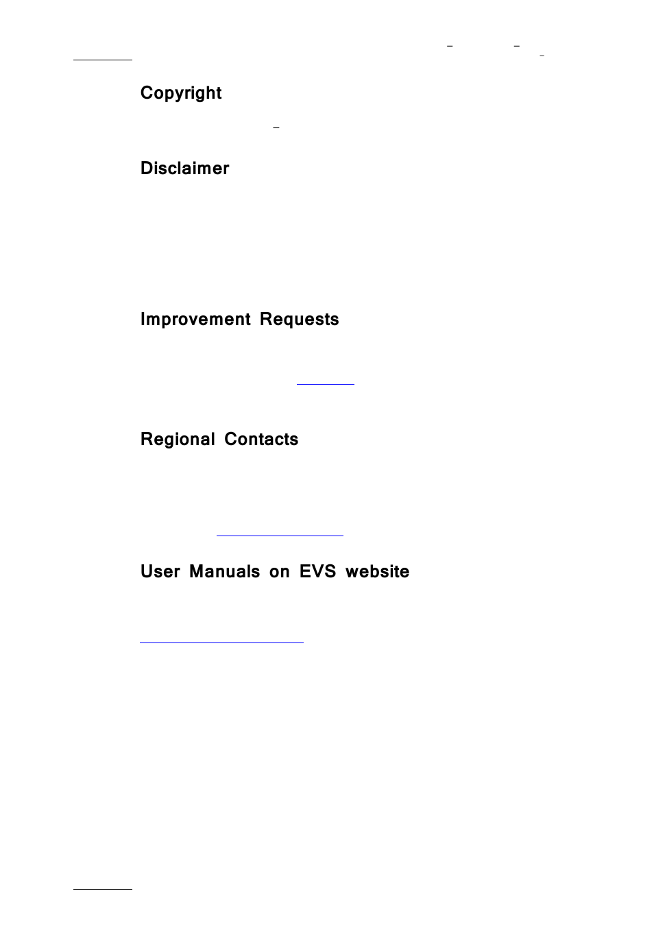 Copyright, Disclaimer, Improvement requests | Regional contacts, User manuals on evs website | EVS XFLY Streamer Version 1.01 - January 2013 User Manual User Manual | Page 2 / 33