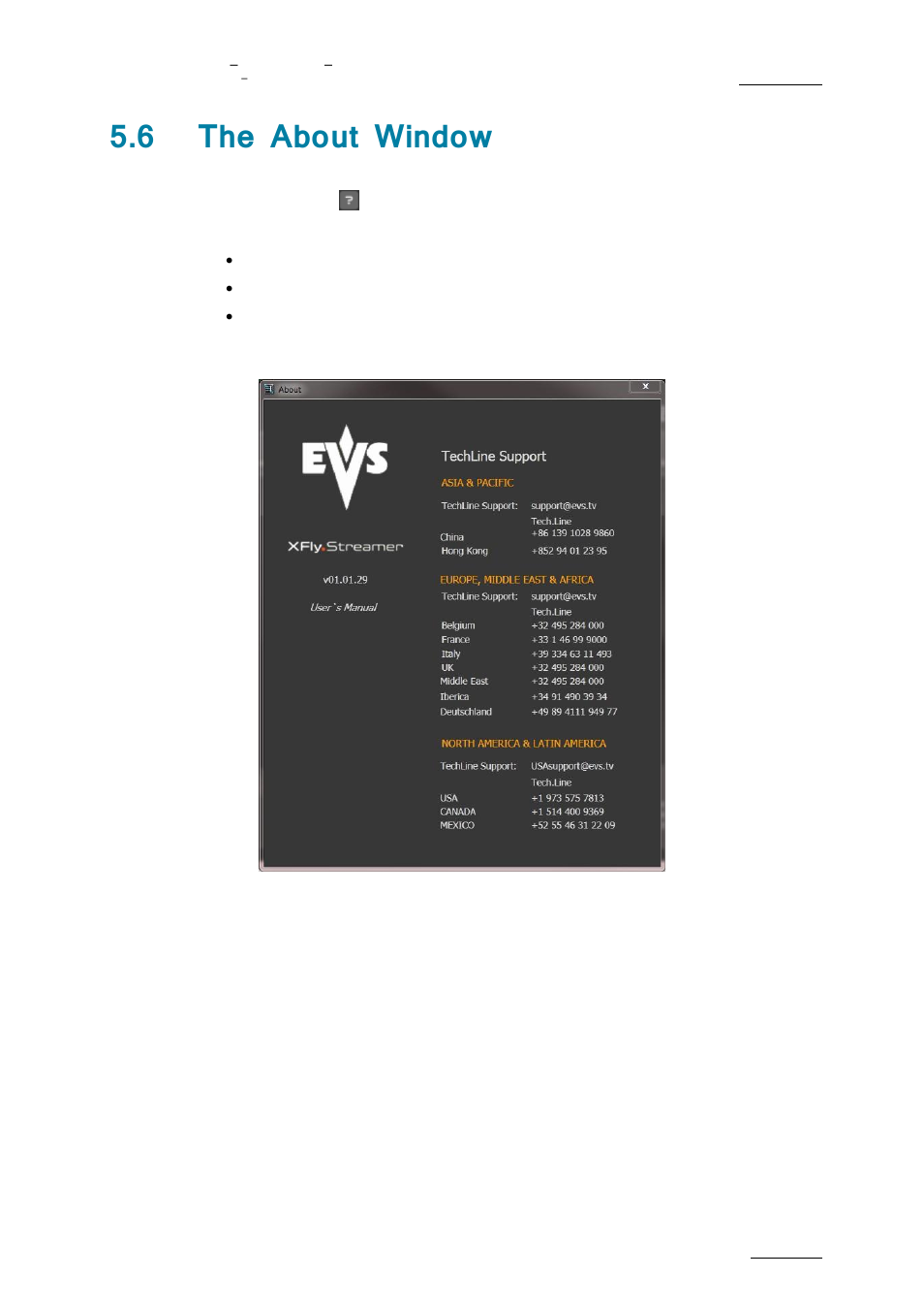 The about window, 6 the about window | EVS XFLY Streamer Version 1.01 - January 2013 User Manual User Manual | Page 27 / 33