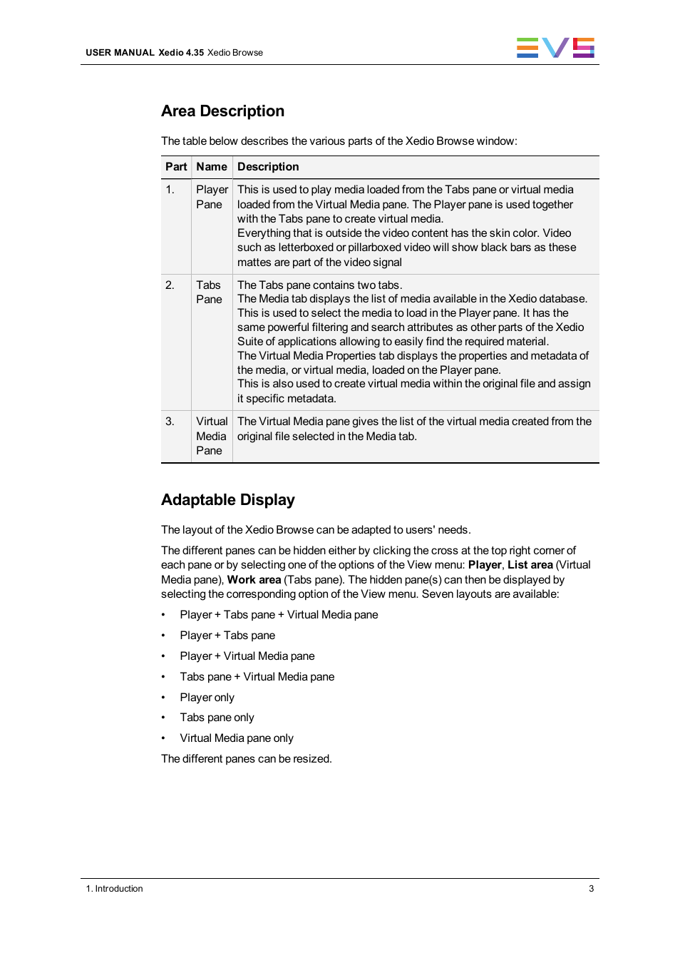 Area description, Adaptable display | EVS XEDIO Browse Version 4.35 - August 2013 User Manual User Manual | Page 11 / 46