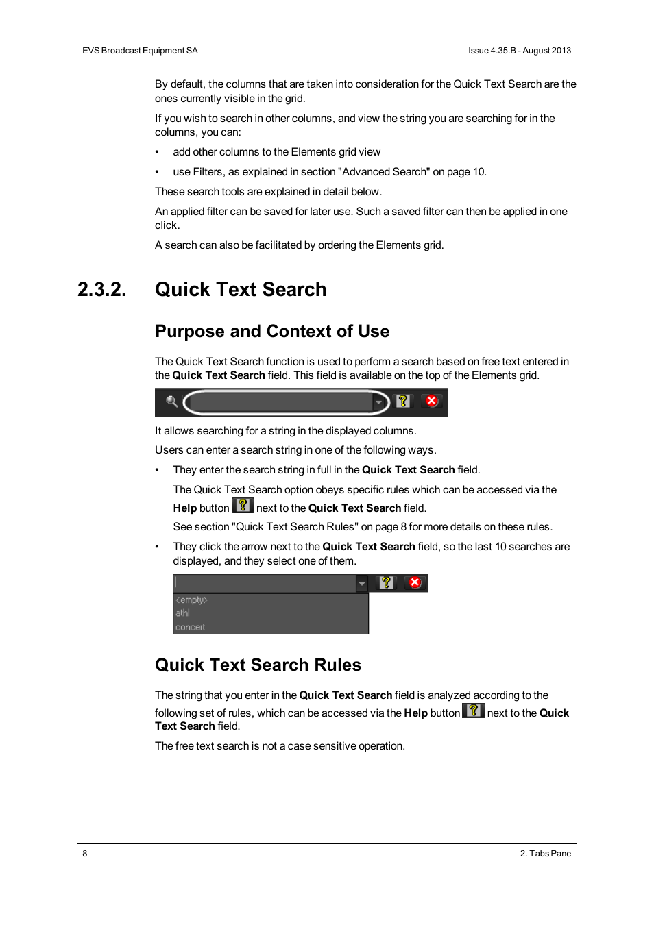 Quick text search, Purpose and context of use, Quick text search rules | EVS XEDIO Browse Version 4.35 - August 2013 User Manual User Manual | Page 16 / 46