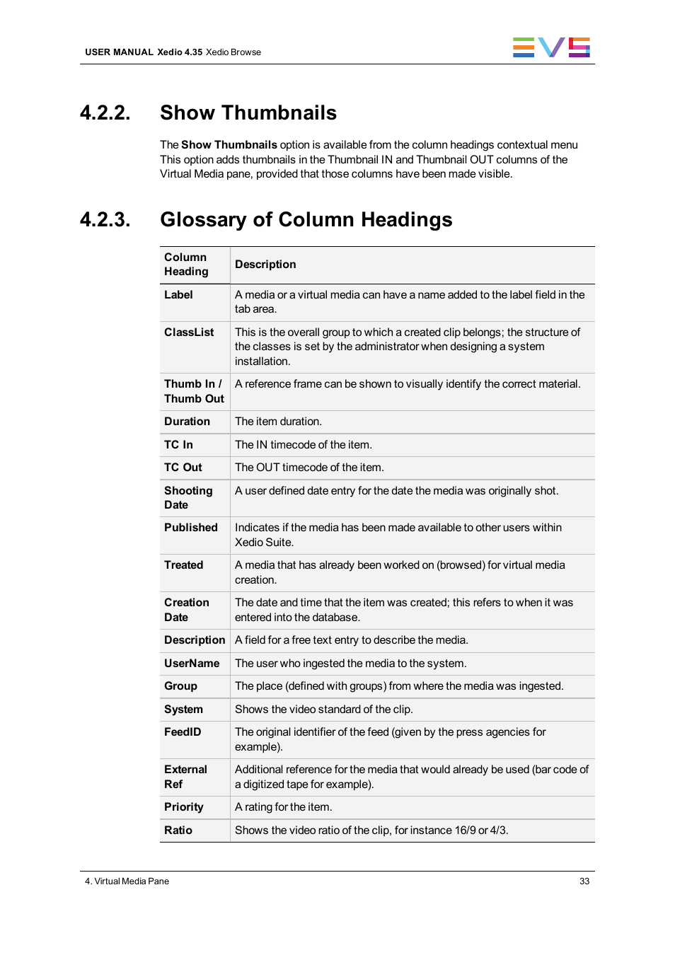 Show thumbnails, Glossary of column headings | EVS XEDIO Browse Version 4.35 - August 2013 User Manual User Manual | Page 41 / 46