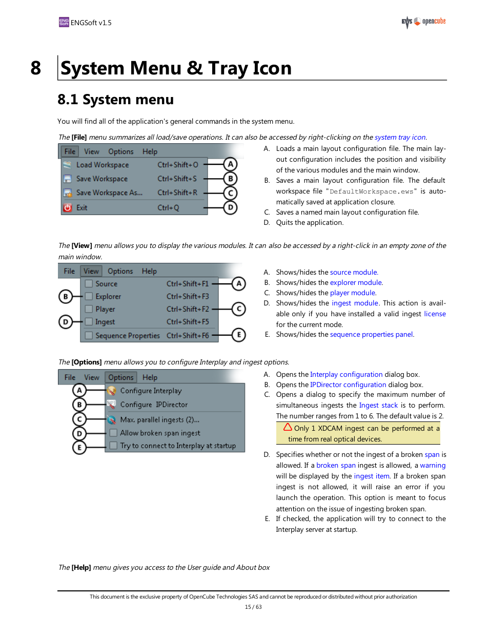 8 system menu & tray icon, 1 system menu, System menu | EVS ENGSoft v1.5 User Guide User Manual | Page 15 / 63