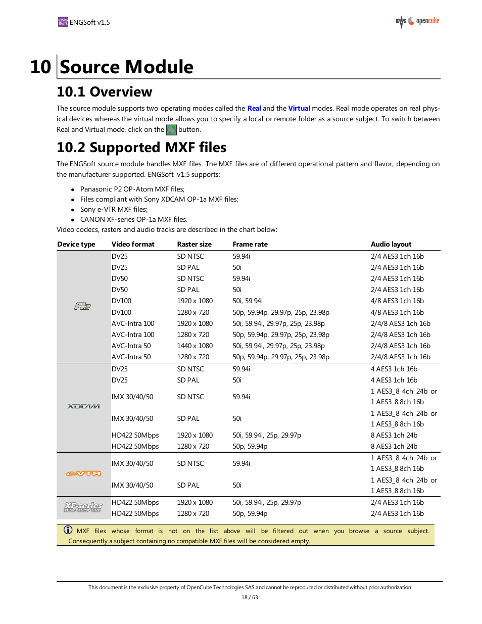 10 source module, 1 overview, 2 supported mxf files | Source module | EVS ENGSoft v1.5 User Guide User Manual | Page 18 / 63