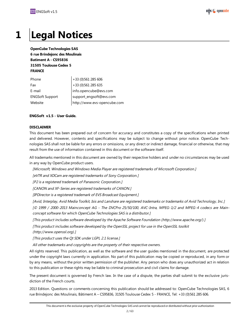 1 legal notices | EVS ENGSoft v1.5 User Guide User Manual | Page 2 / 63
