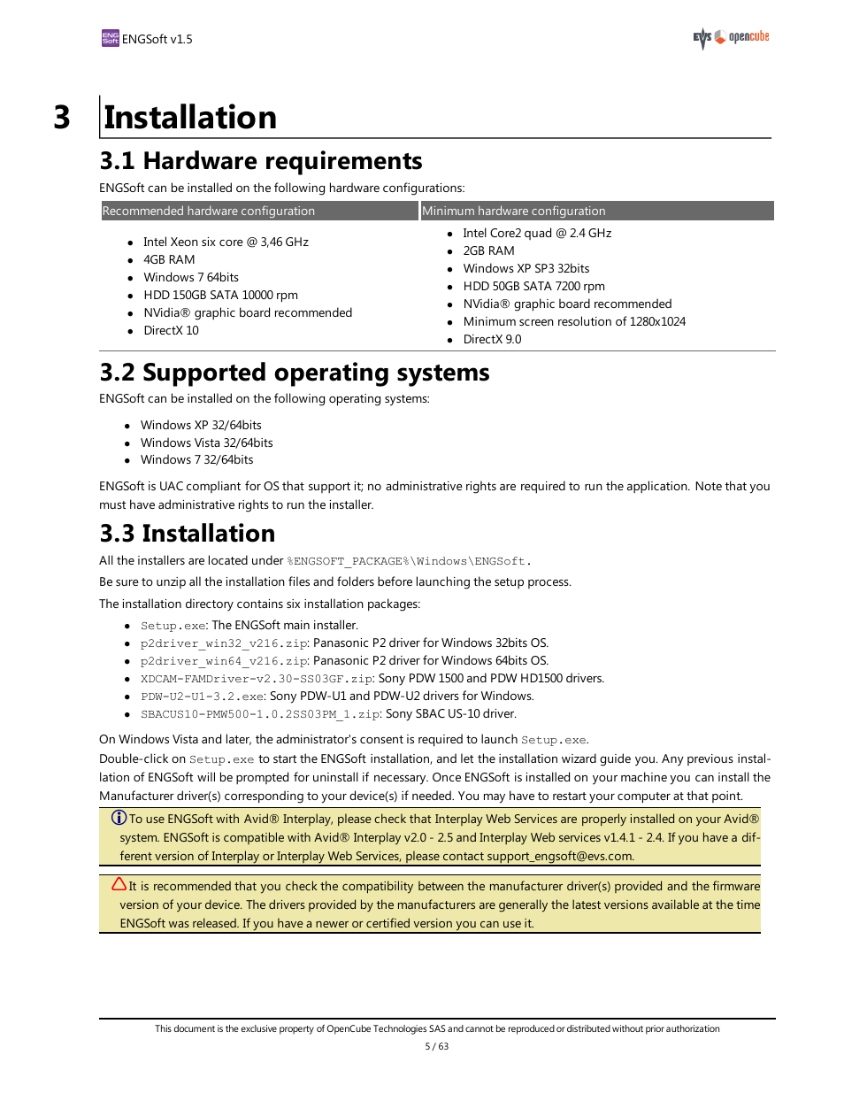 3 installation, 1 hardware requirements, 2 supported operating systems | EVS ENGSoft v1.5 User Guide User Manual | Page 5 / 63