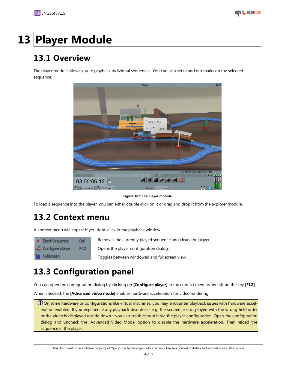 13 player module, 1 overview, 2 context menu | 3 configuration panel, Player module, Video player | EVS ENGSoft v1.5 User Guide User Manual | Page 56 / 63