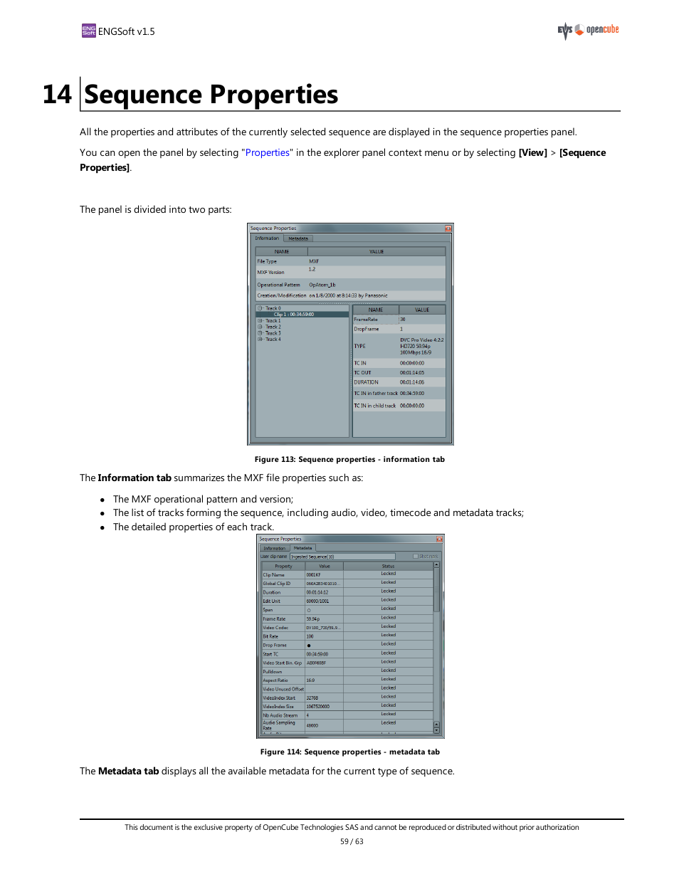 14 sequence properties, Sequence properties, Sequence properties panel | EVS ENGSoft v1.5 User Guide User Manual | Page 59 / 63