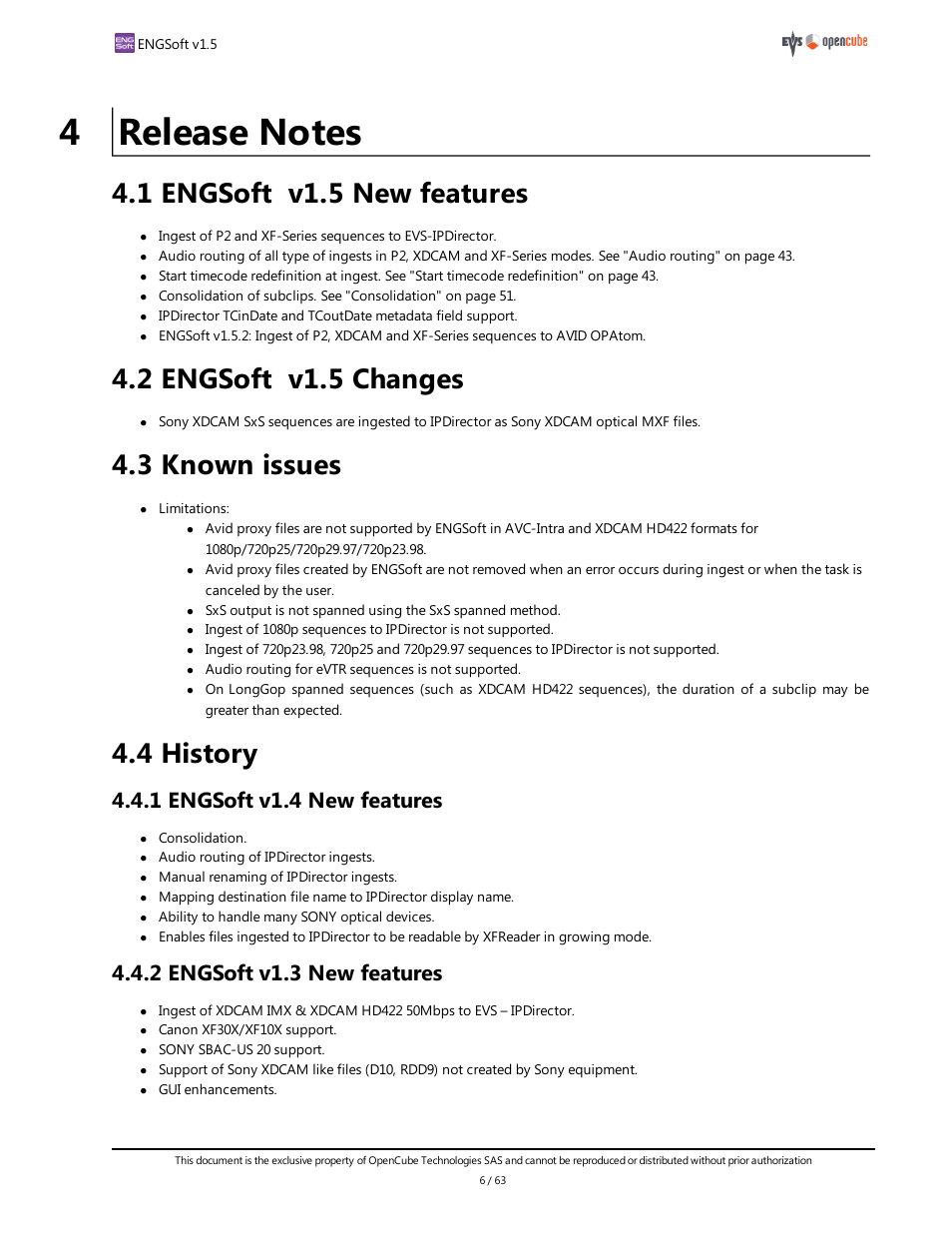 4 release notes, 1 engsoft v1.5 new features, 2 engsoft v1.5 changes | 3 known issues, 4 history, 1 engsoft v1.4 new features, 2 engsoft v1.3 new features | EVS ENGSoft v1.5 User Guide User Manual | Page 6 / 63
