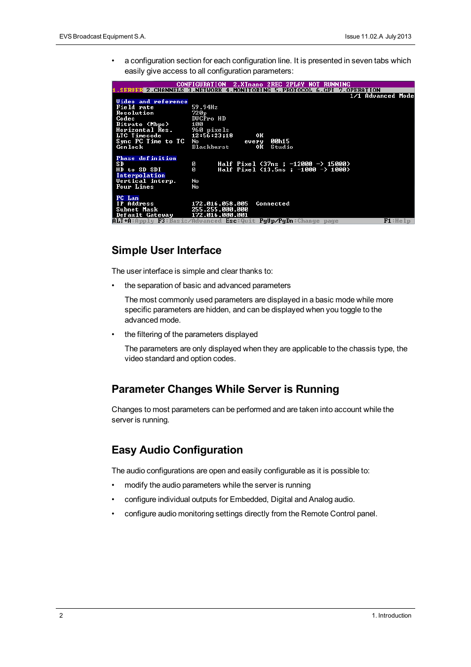Simple user interface, Parameter changes while server is running, Easy audio configuration | EVS XTnano Version 11.02 - July 2013 Configuration Manual User Manual | Page 10 / 190