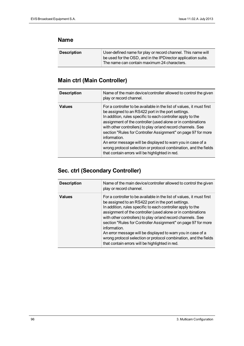 Name, Main ctrl (main controller), Sec. ctrl (secondary controller) | EVS XTnano Version 11.02 - July 2013 Configuration Manual User Manual | Page 104 / 190