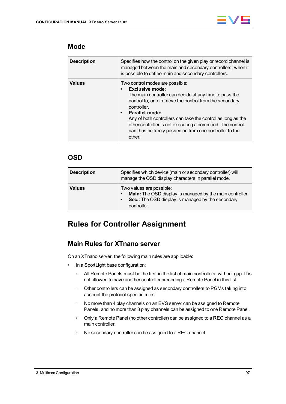 Rules for controller assignment, Mode, Main rules for xtnano server | EVS XTnano Version 11.02 - July 2013 Configuration Manual User Manual | Page 105 / 190