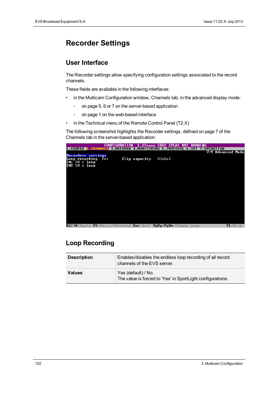 Recorder settings, User interface, Loop recording | EVS XTnano Version 11.02 - July 2013 Configuration Manual User Manual | Page 110 / 190