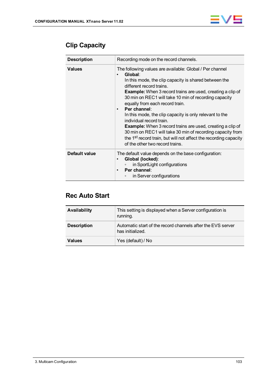 Clip capacity, Rec auto start | EVS XTnano Version 11.02 - July 2013 Configuration Manual User Manual | Page 111 / 190