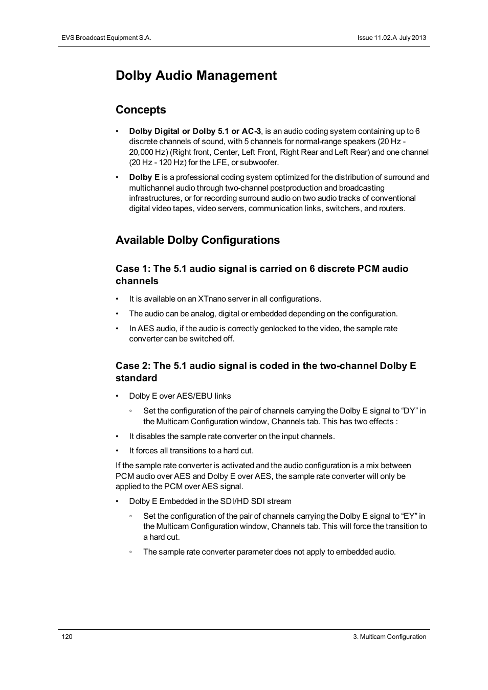 Dolby audio management, Concepts, Available dolby configurations | EVS XTnano Version 11.02 - July 2013 Configuration Manual User Manual | Page 128 / 190