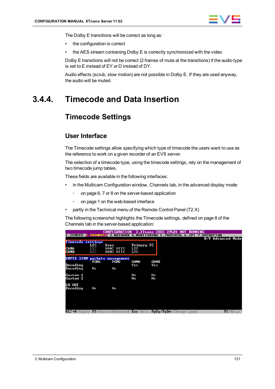 Timecode and data insertion, Timecode settings, User interface | EVS XTnano Version 11.02 - July 2013 Configuration Manual User Manual | Page 129 / 190