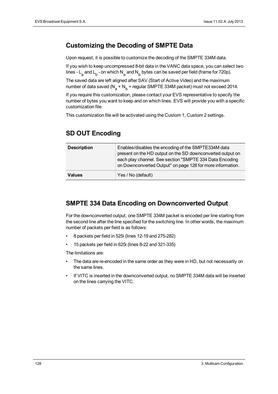 Customizing the decoding of smpte data, Sd out encoding, Smpte 334 data encoding on downconverted output | EVS XTnano Version 11.02 - July 2013 Configuration Manual User Manual | Page 136 / 190