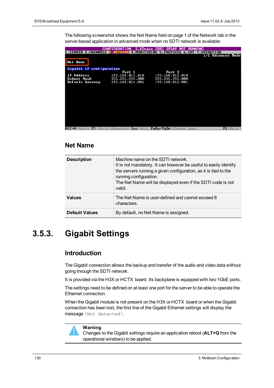 Gigabit settings, Net name, Introduction | EVS XTnano Version 11.02 - July 2013 Configuration Manual User Manual | Page 138 / 190